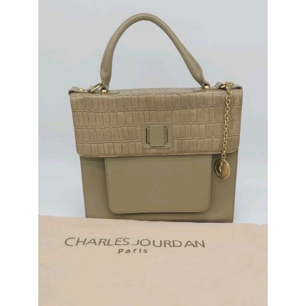 Charles Jourdan Leather Tote bag Top Handle Tan Brown Charm Handbag Purse Dust